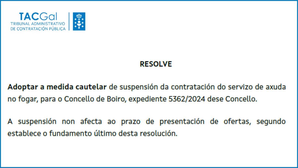 Extracto da resolucin do TACGal decretando a suspensin cautelar da contratacin